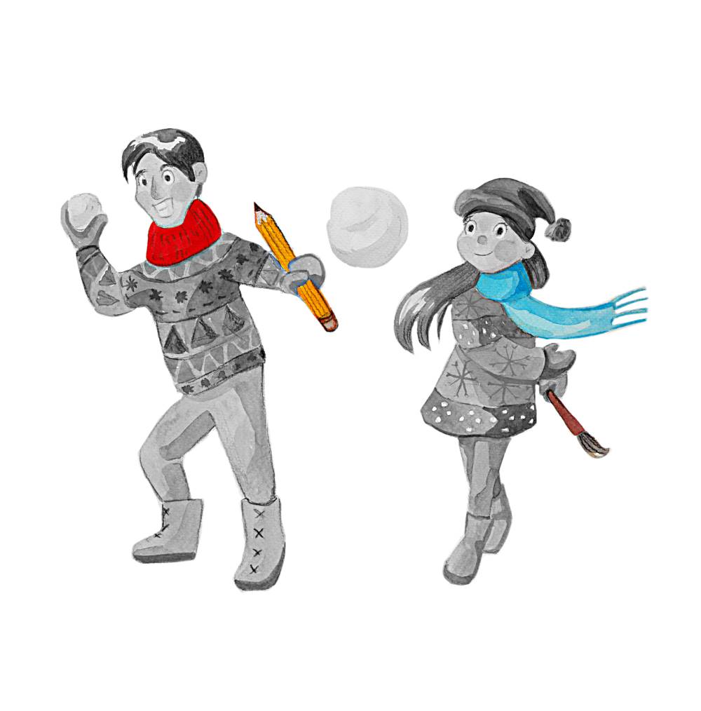 David & Katarina throw snowballs at the reader of Snow Flurry Children's book