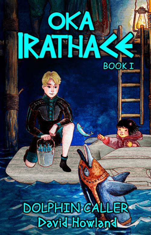 Oka Irathace Fantasy Novel Dolphin Caller with girl from Polonot Island feeding fish to lead dolphin Bubble