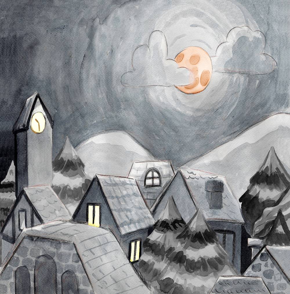 Snow Flurry scene with orange moon hovering over tranquil village